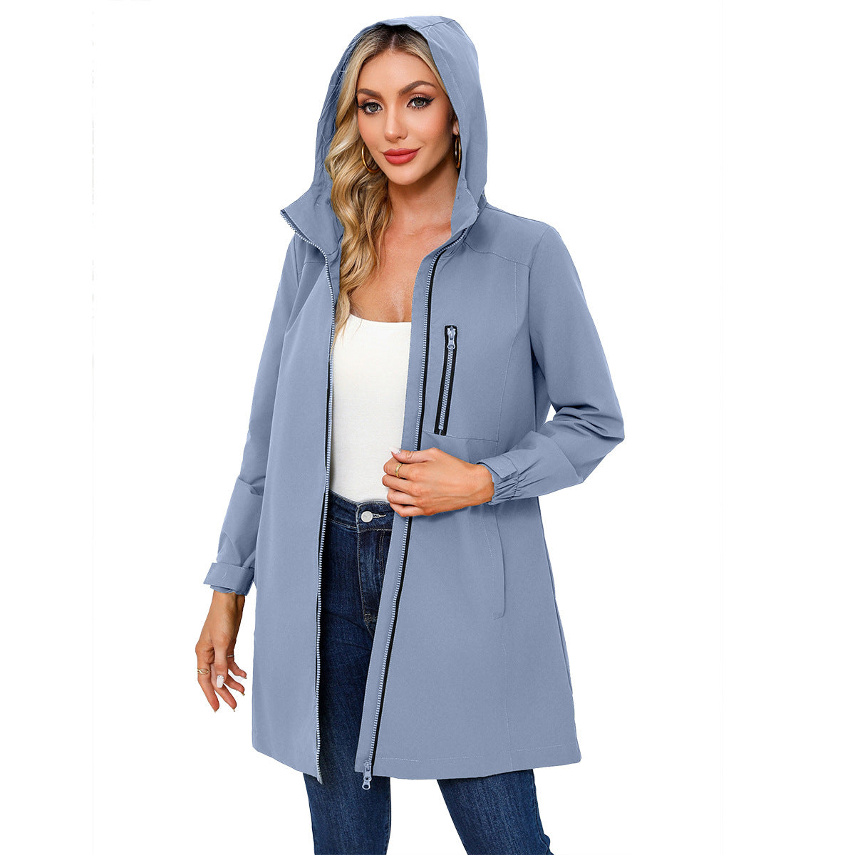 European and American anti-splashing trench coat women's hooded long-sleeved spring and autumn coat loose casual windproof cross-border women's clothing M24WB33P