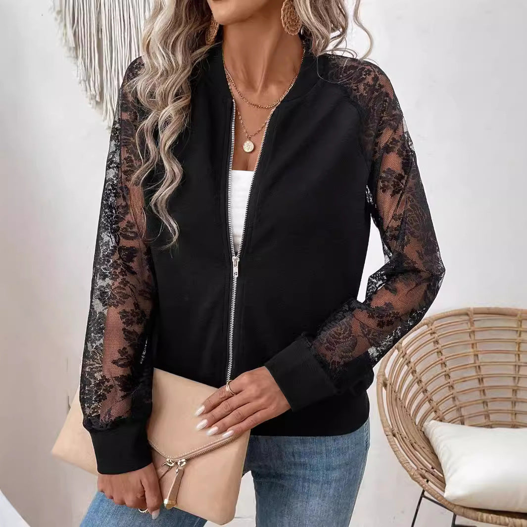 Elegant Women's Lace Splicing Long Sleeve Baseball Collar Jacket Top Jacket