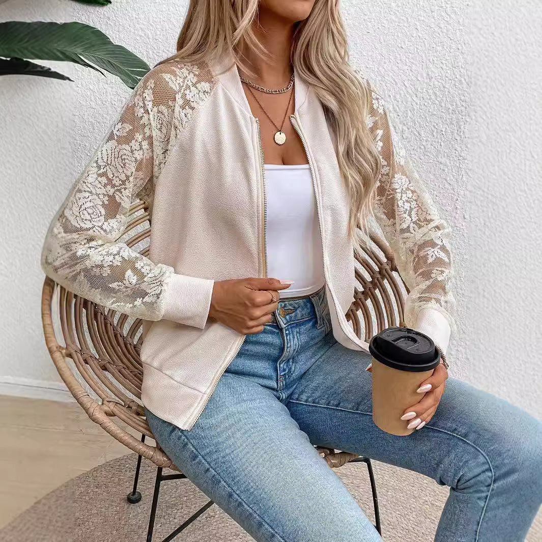 Elegant Women's Lace Splicing Long Sleeve Baseball Collar Jacket Top Jacket