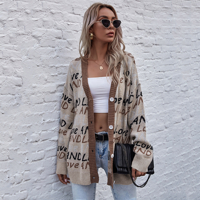 European and American alphabet fashion jacquard long-sleeved medium and long sweater jacket