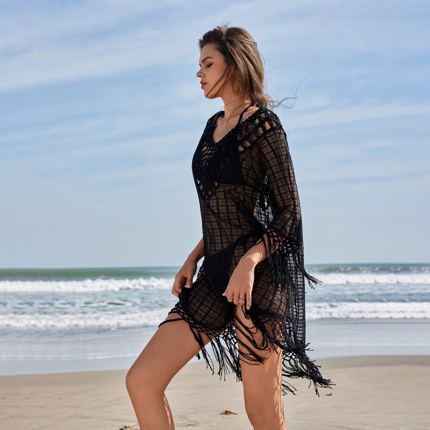 European and American beach skirt women's fringed splicing grid beach bikini swimsuit blouse sunscreen suit
