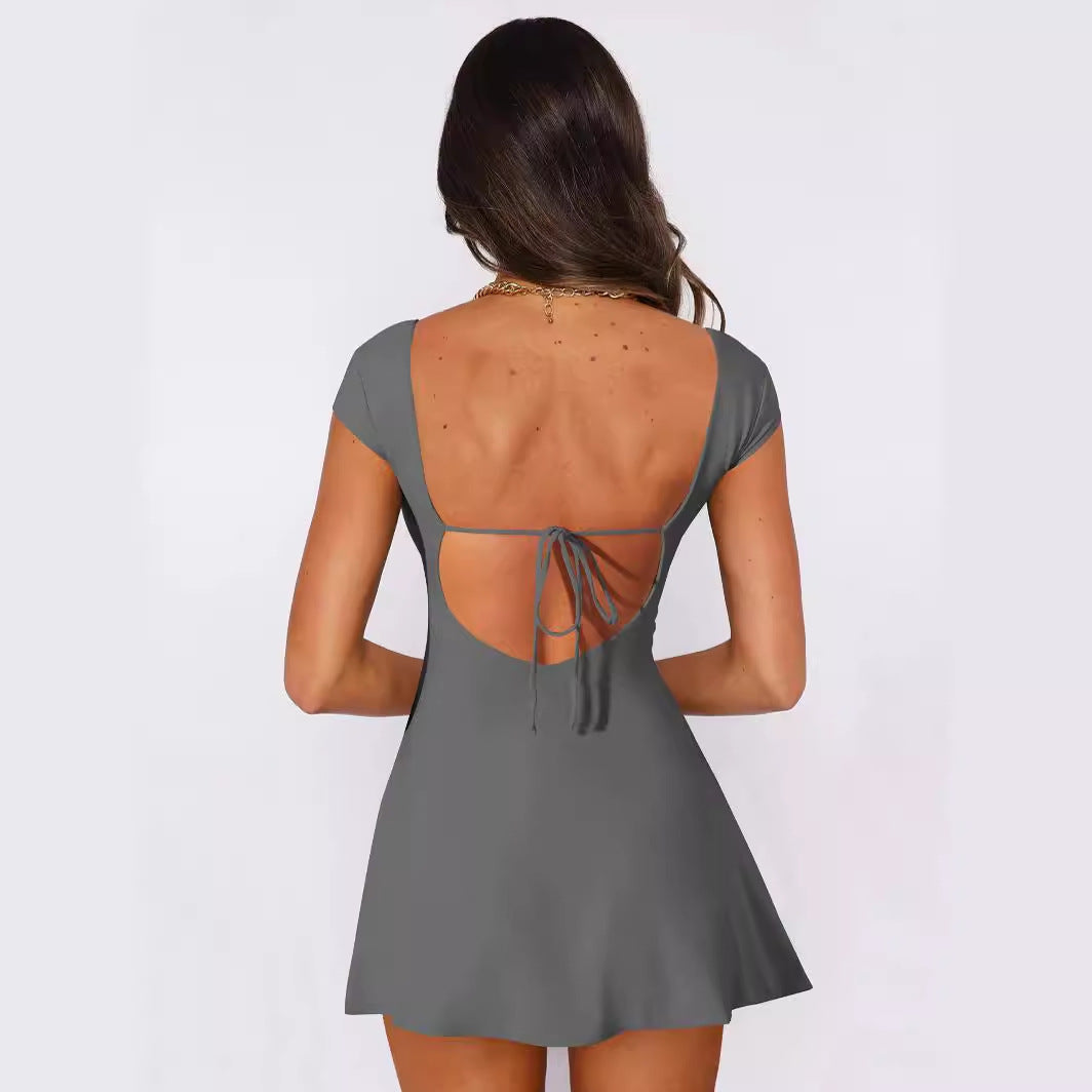 Elegant square collar with waist strap Sexy backless Spice Girl Premium Summer Dress