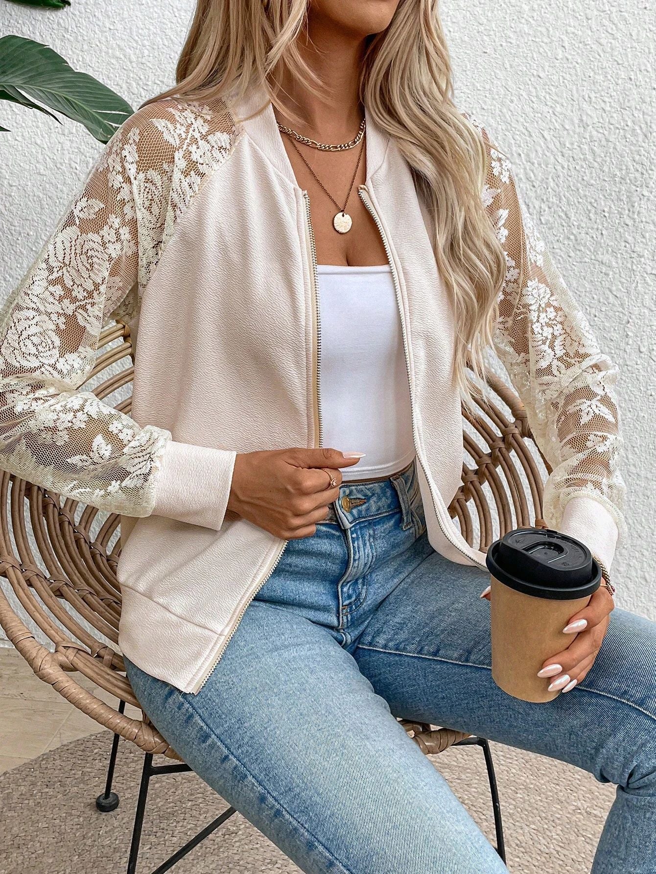 Elegant Women's Lace Splicing Long Sleeve Baseball Collar Jacket Top Jacket