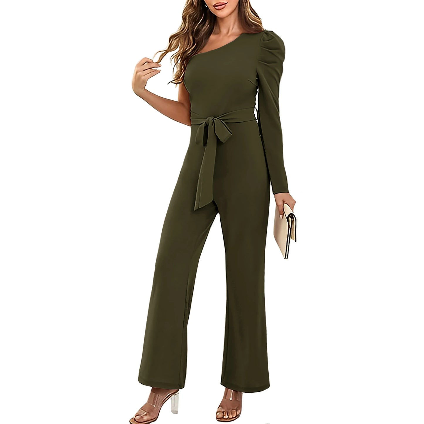 Casual Long Sleeve One Shoulder Romper Elegant High Waist Wide Leg Jumpsuit With Belt