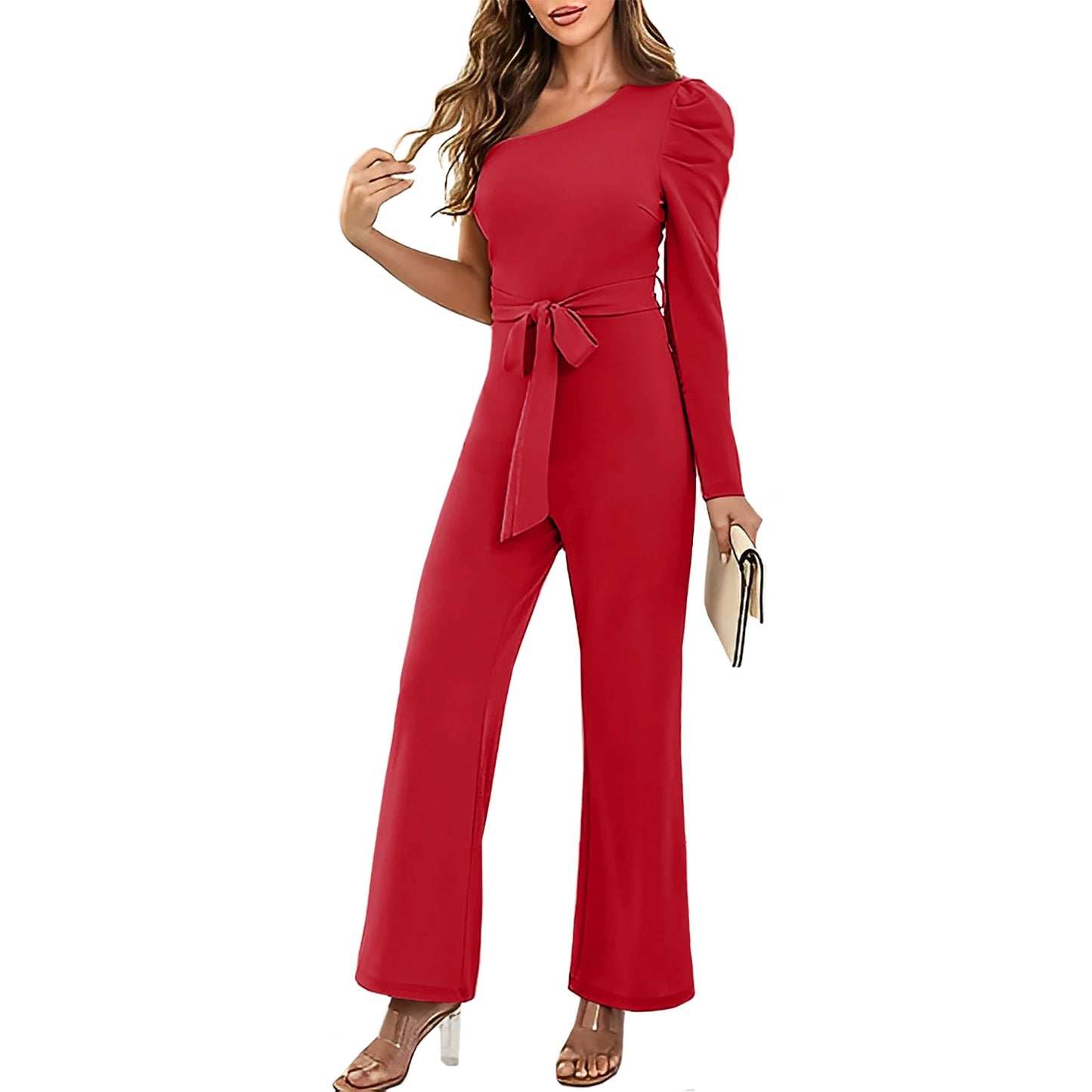 Casual Long Sleeve One Shoulder Romper Elegant High Waist Wide Leg Jumpsuit With Belt