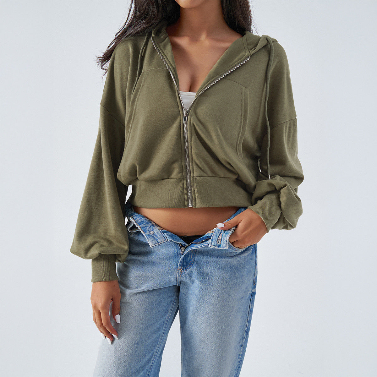 Casual loose shoulder zipper cardigan bm hooded sweater jacket women's clothing