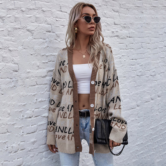 European and American alphabet fashion jacquard long-sleeved medium and long sweater jacket
