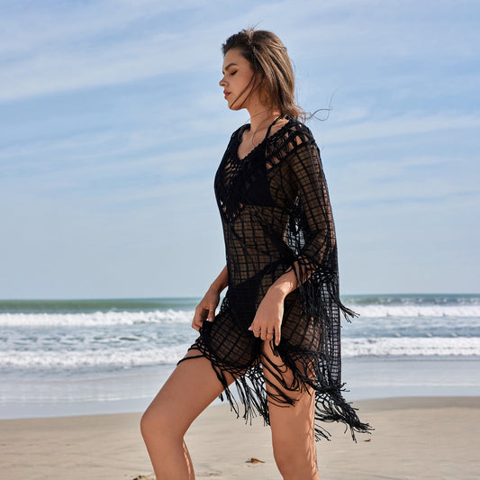 European and American beach skirt women's fringed splicing grid beach bikini swimsuit blouse sunscreen suit