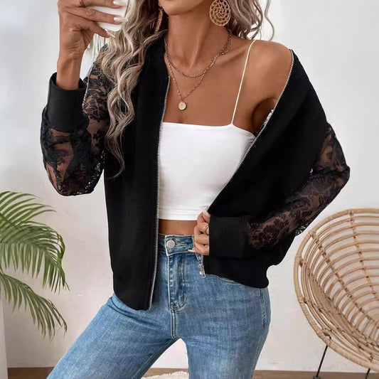 Elegant Women's Lace Splicing Long Sleeve Baseball Collar Jacket Top Jacket