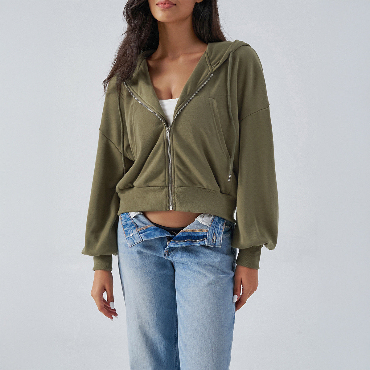 Casual loose shoulder zipper cardigan bm hooded sweater jacket women's clothing