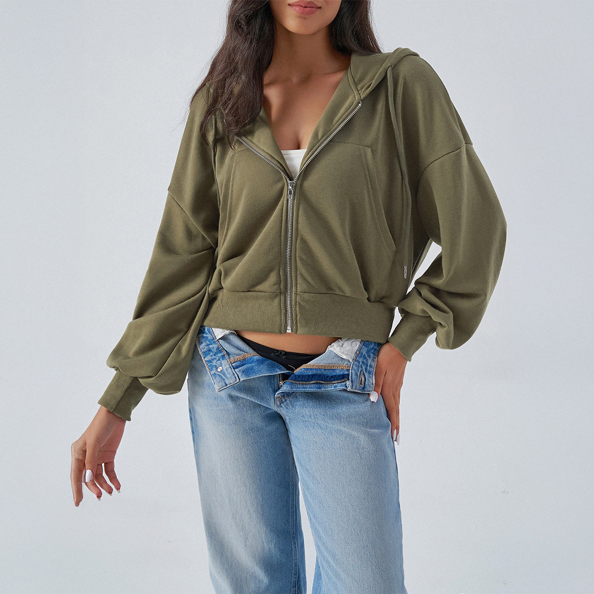 Casual loose shoulder zipper cardigan bm hooded sweater jacket women's clothing