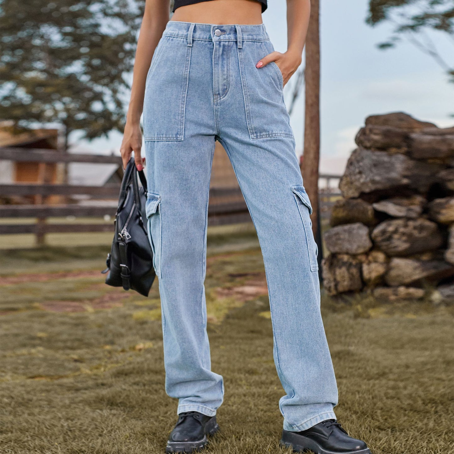Denim semi-elastic design personalized versatile tooling trousers wish women's tide