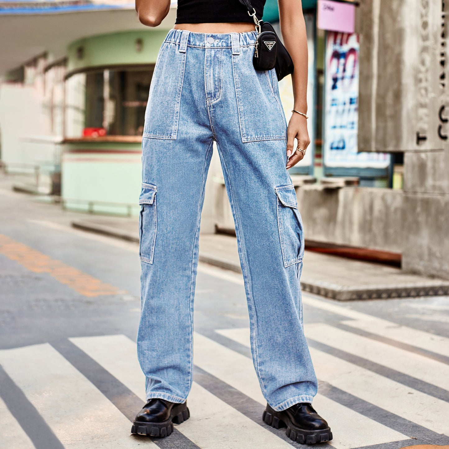 Denim semi-elastic design personalized versatile tooling trousers wish women's tide