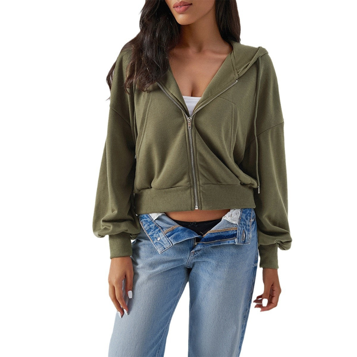 Casual loose shoulder zipper cardigan bm hooded sweater jacket women's clothing
